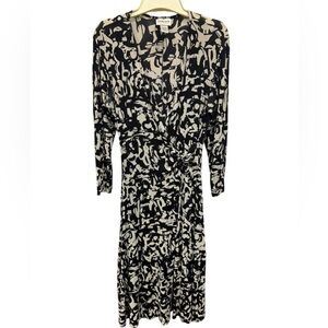 Chico’s Travelers Midi Dress Size 0 Faux Wrap V-neck 3/4 Sleeves Black Beige